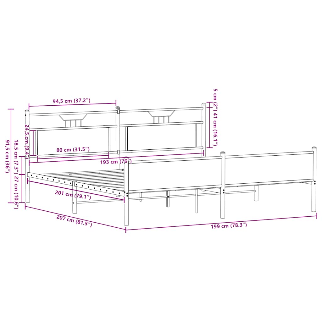 Bedframe zonder matras metaal sonoma eikenkleurig 193x203 cm