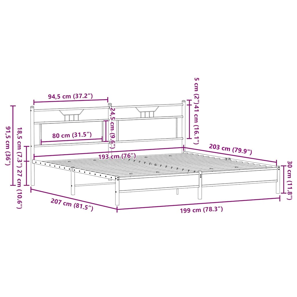 Bedframe Zonder Matras Metaal 193 x 203 cm bruin eikenkleur