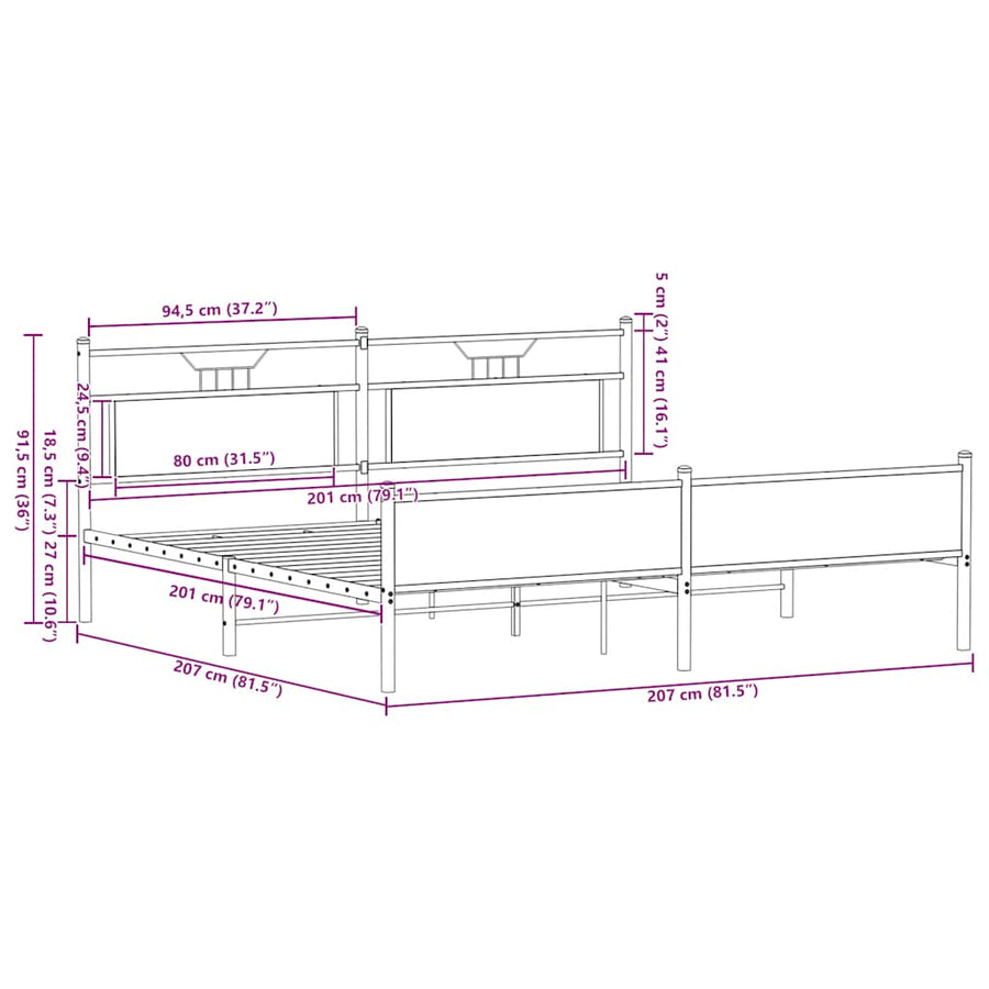 Bedframe Zonder Matras Metaal Ig 200 x 200 cm bruin eikenkleur
