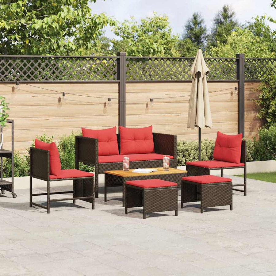 Tuinbankenset met kussen 6 pcs Bruin en Rood poly rattan