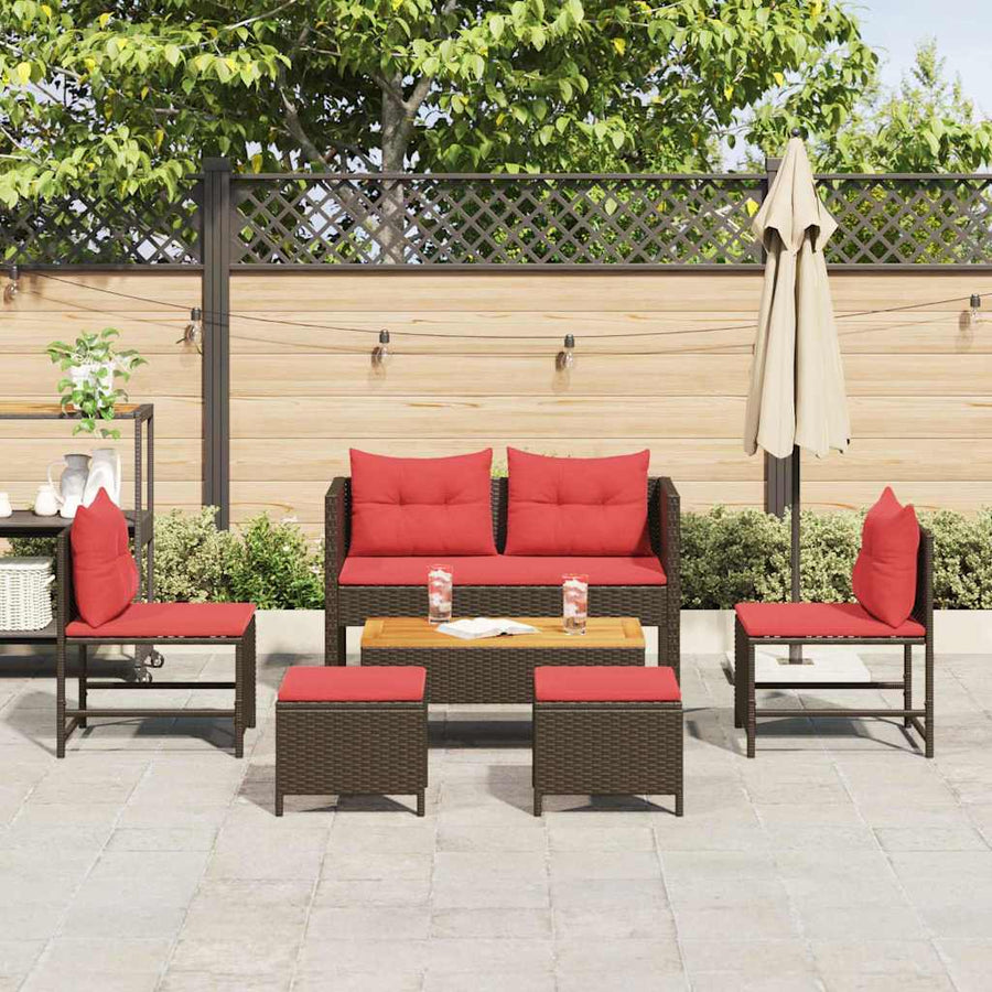 Tuinbankenset met kussen 6 pcs Bruin en Rood poly rattan