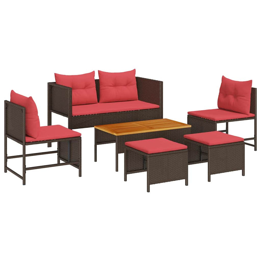 Tuinbankenset met kussen 6 pcs Bruin en Rood poly rattan