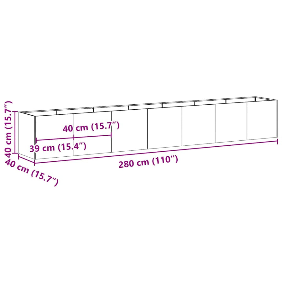 Plantenbak 280x40x40 cm gegalvaniseerd staal