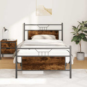 Bedframe 100x190 cm gerookt eiken bewerkt hout staal