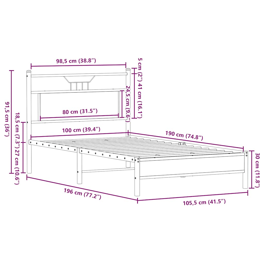 Bedframe Zonder Matras Bewerkt Hout 100 x 190 cm bruin eikenkleur
