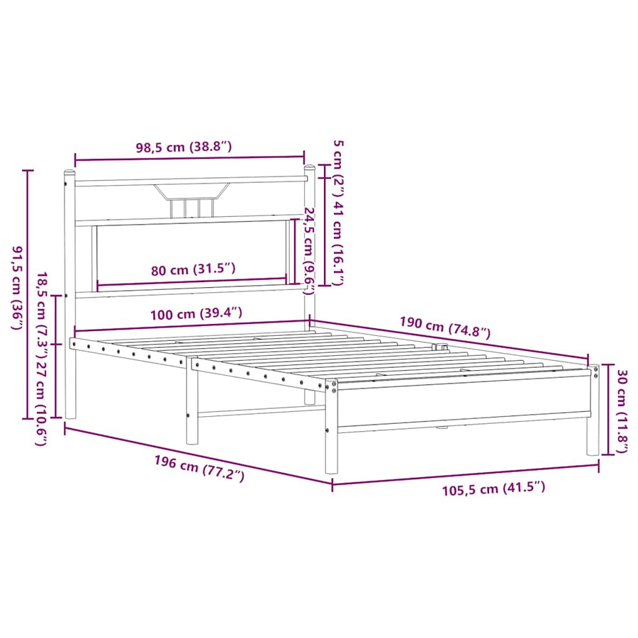 Bedframe Zonder Matras Bewerkt Hout 100 x 190 cm bruin eikenkleur