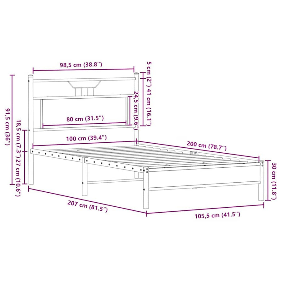 Bedframe Zonder Matras Bewerkt Hout 100 x 200 cm bruin eikenkleur