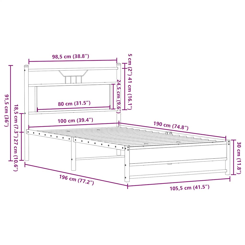 Bedframe Zonder Matras Bewerkt Hout 100 x 190 cm bruin eikenkleur
