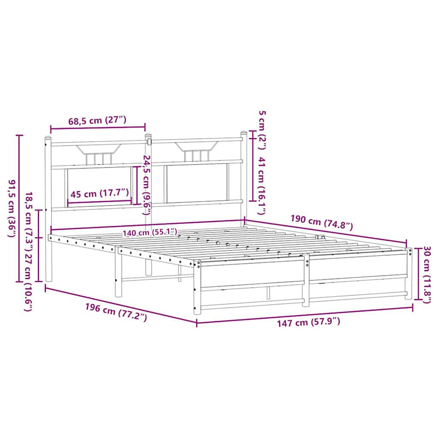 Bedframe Zonder Matras Bewerkt Hout 140 x 190 cm bruin eikenkleur