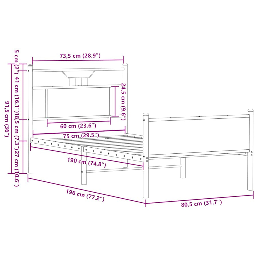 Bedframe Zonder Matras Bewerkt Hout 75 x 190 cm bruin eikenkleur