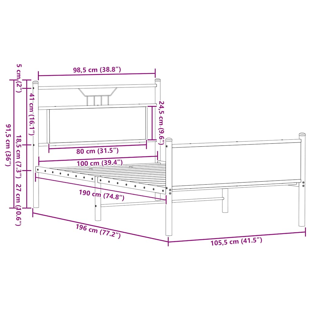 Bedframe Zonder Matras Bewerkt Hout 100 x 190 cm bruin eikenkleur