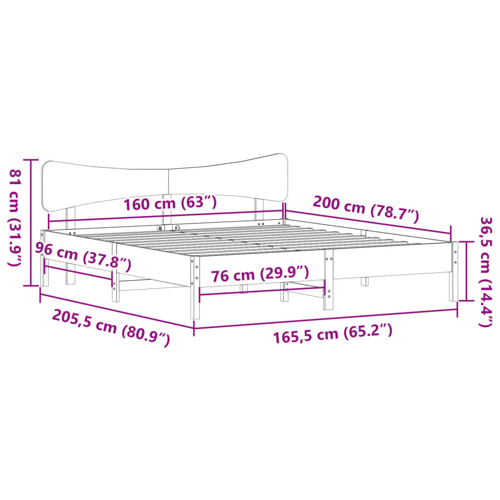Bedframe zonder matras massief grenenhout wasbruin 160x200 cm