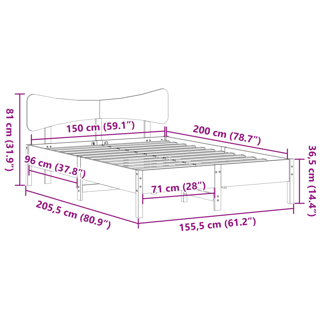 Bedframe zonder matras massief grenenhout wit 150x200 cm