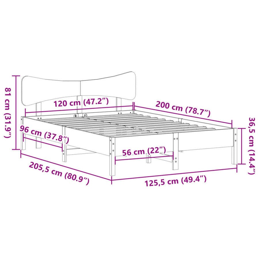Bedframe zonder matras massief grenenhout wit 120x200 cm