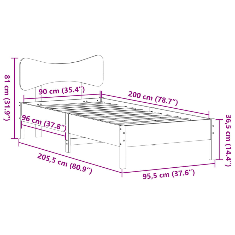 Bedframe zonder matras massief grenenhout wit 90x200 cm