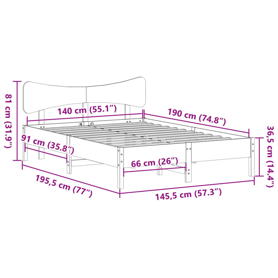 Bedframe zonder matras massief grenenhout wit 140x190 cm