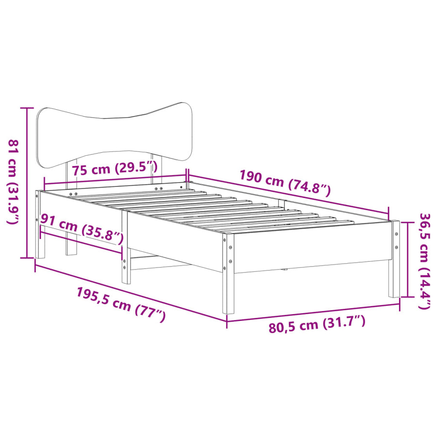 Bedframe zonder matras massief grenenhout wit 75x190 cm