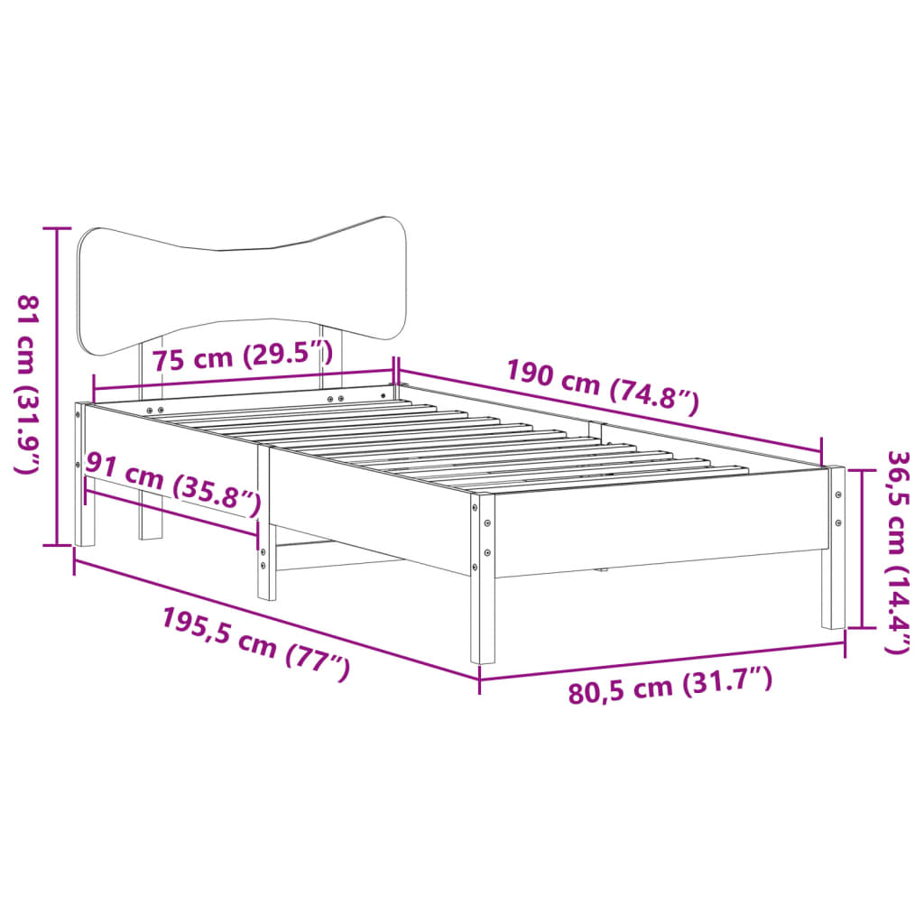 Bedframe zonder matras massief grenenhout wasbruin 75x190 cm