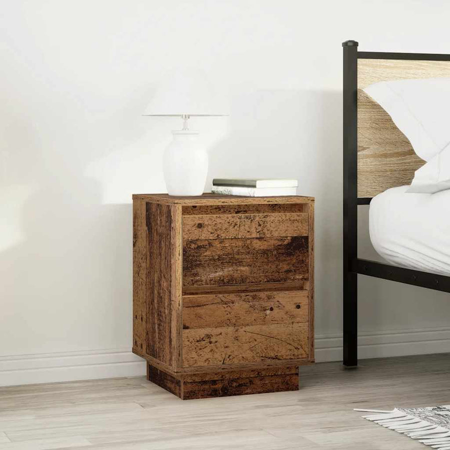 Nachtkastje met LED-verlichting 38x34x50 cm oud hout