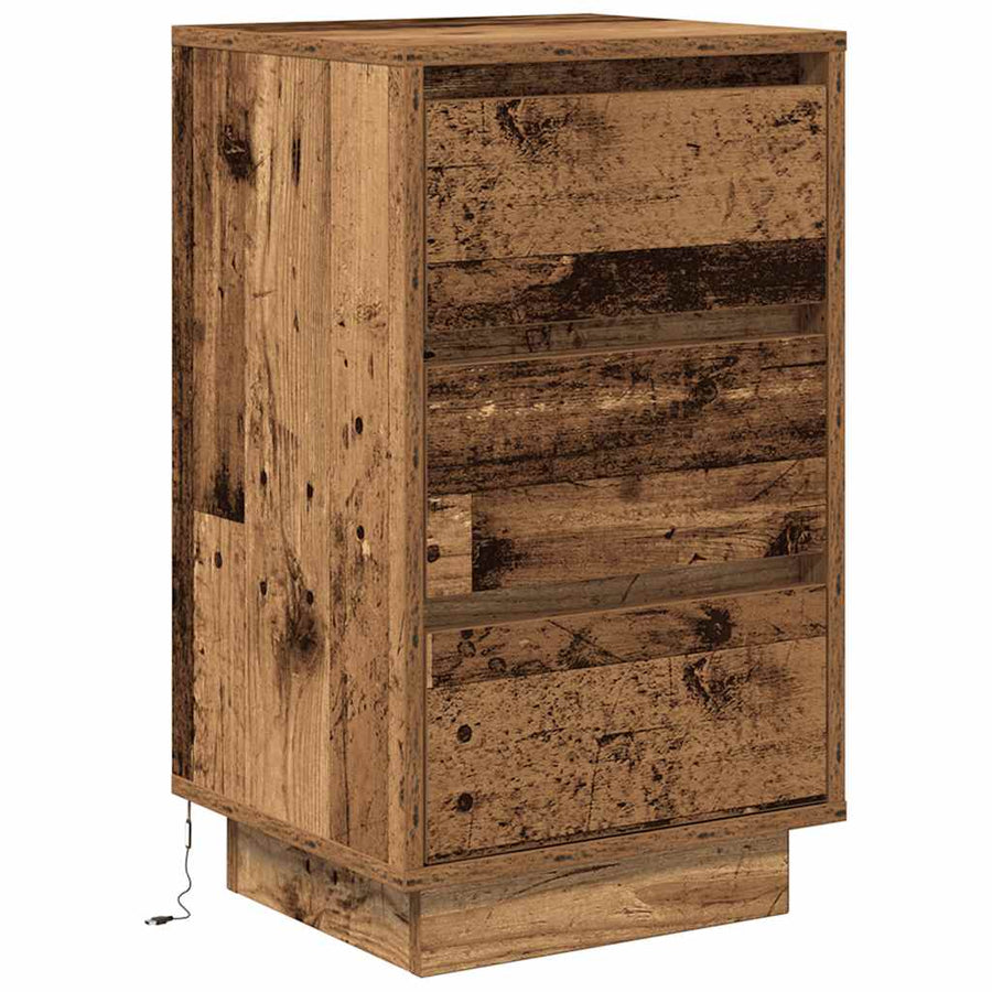 Nachtkastje met LED-verlichting 38x34x65 cm oud hout
