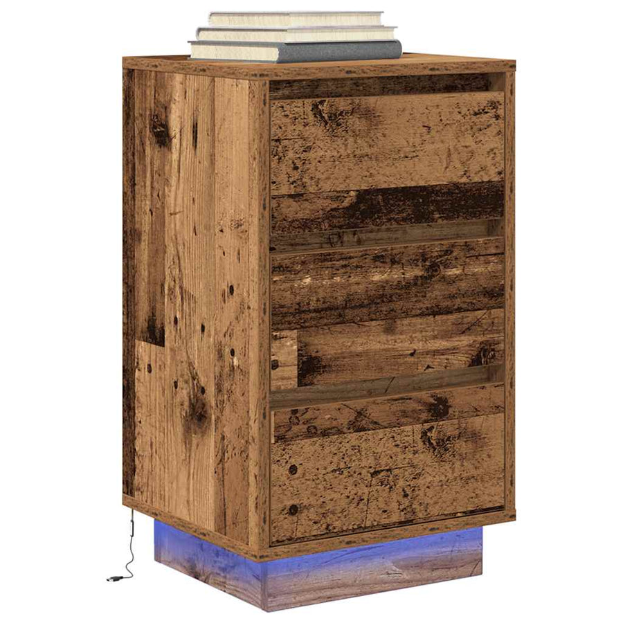 Nachtkastje met LED-verlichting 38x34x65 cm oud hout