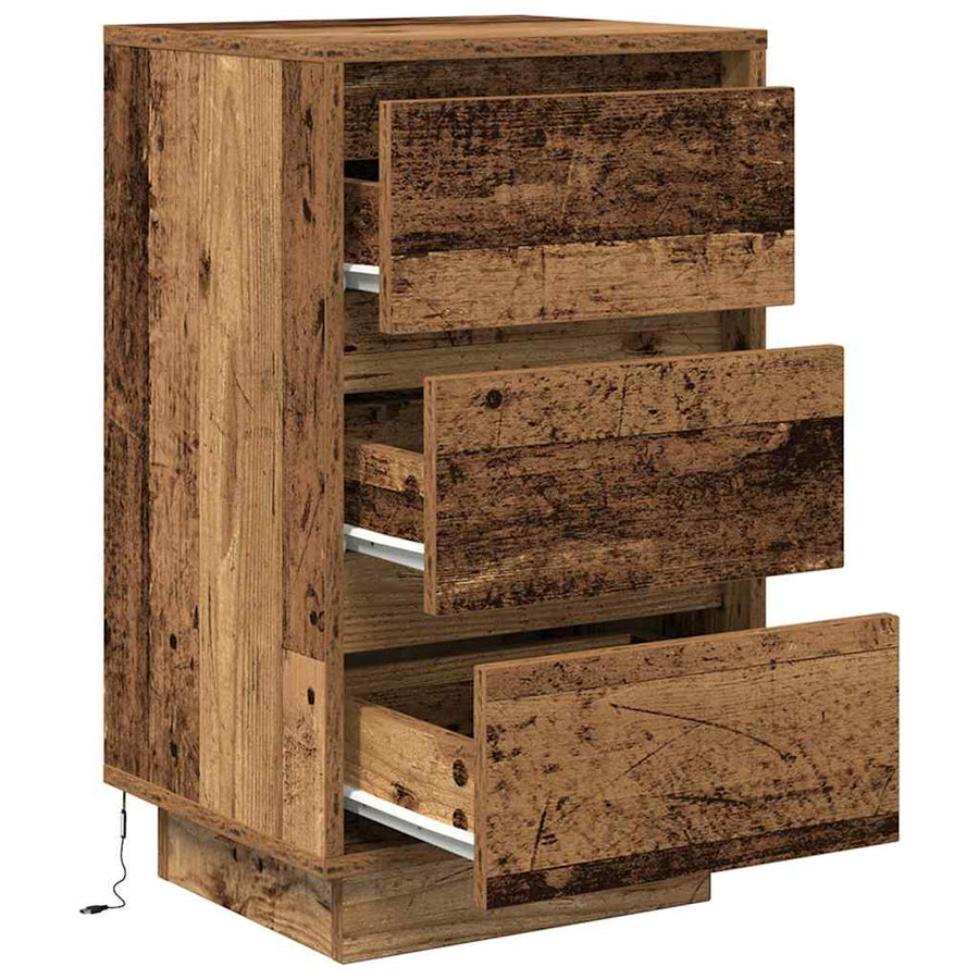 Nachtkastje met LED-verlichting 38x34x65 cm oud hout
