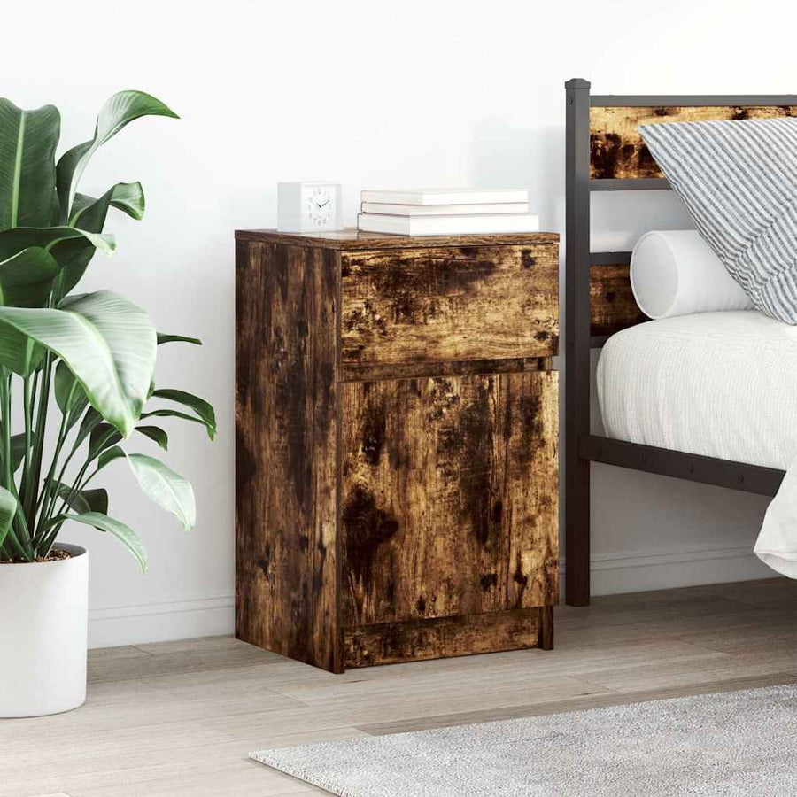 Nachtkastje 39x35x65 cm bewerkt hout gerookt eikenkleurig