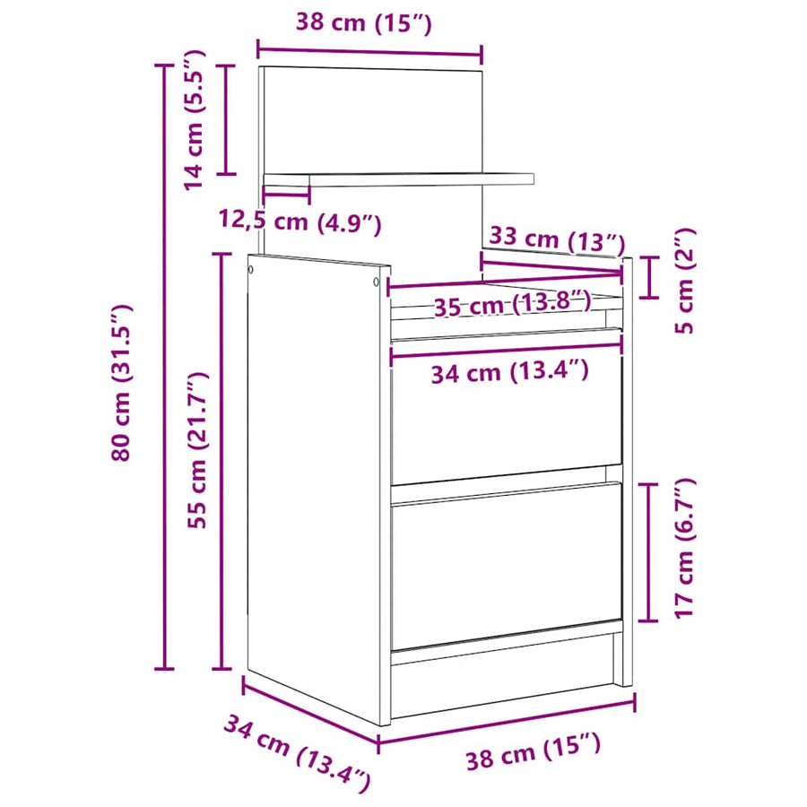 Nachtkastje met 2 lades 38x34x80 cm artisanaal eikenkleurig