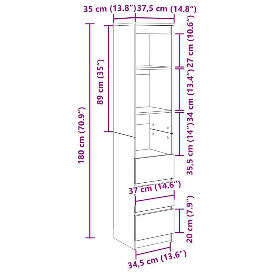 Hoge kast 37,5x35x180 cm spaanplaat gerookt eikenkleurig