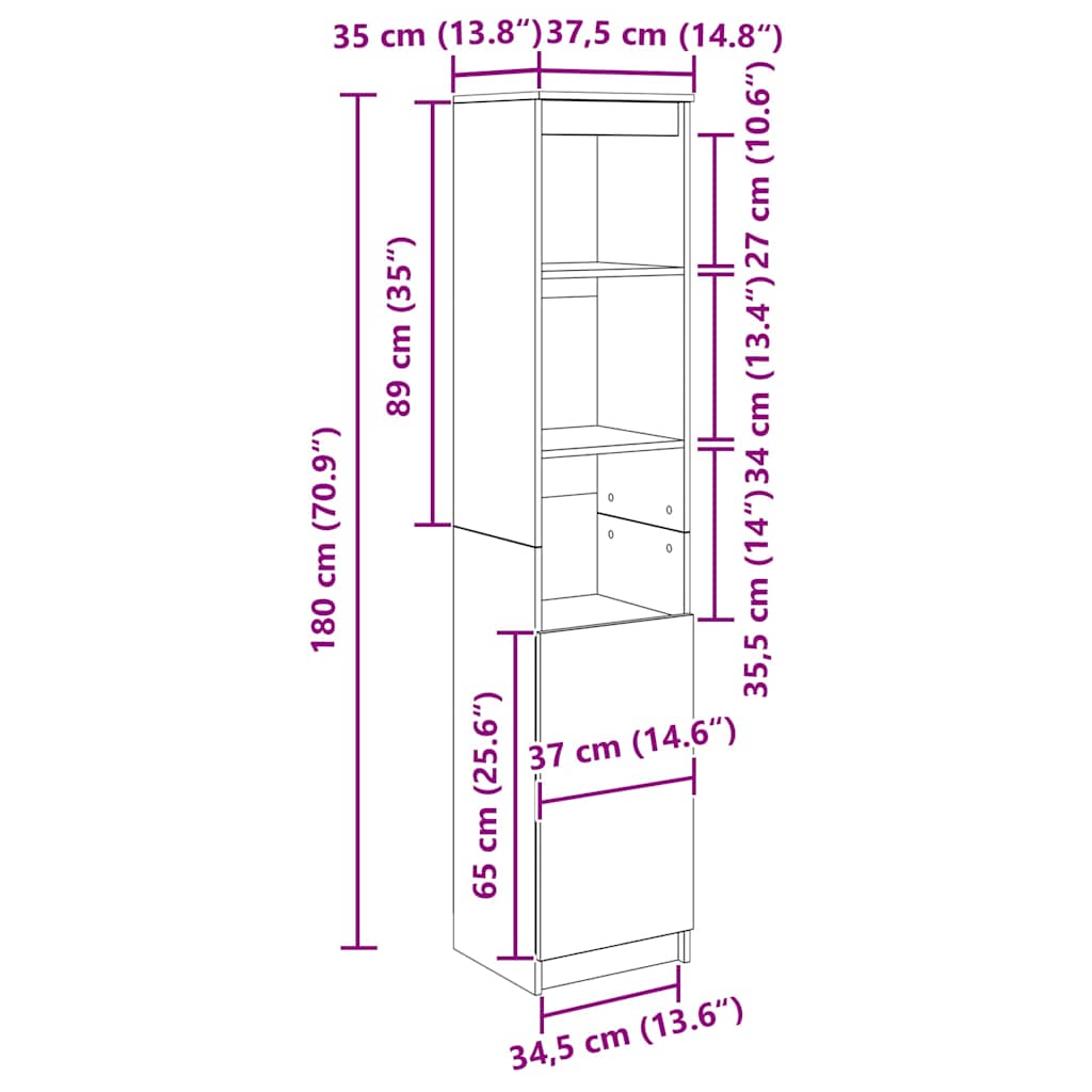 Hoge kast 37,5x35x180 cm bewerkt hout artisanaal eikenkleur