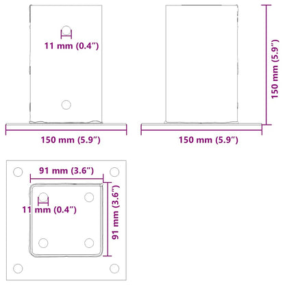 Paondervoeten Vierkant 4St 91X91Mm Gepoedercoat Staal 91 x 91 mm Antraciet