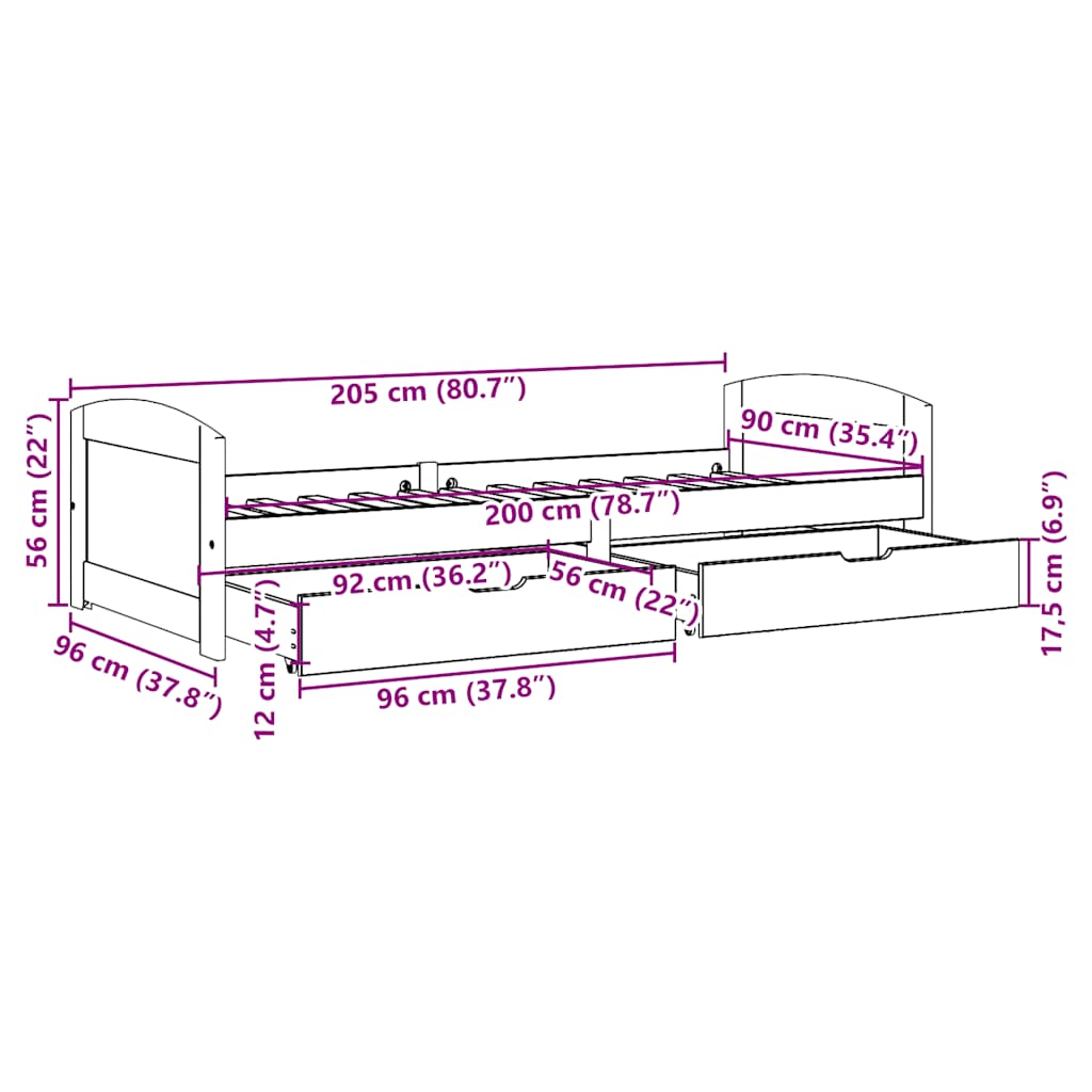 Slaapbank met 2 lades zonder matras IRUN 90x200 cm zwart