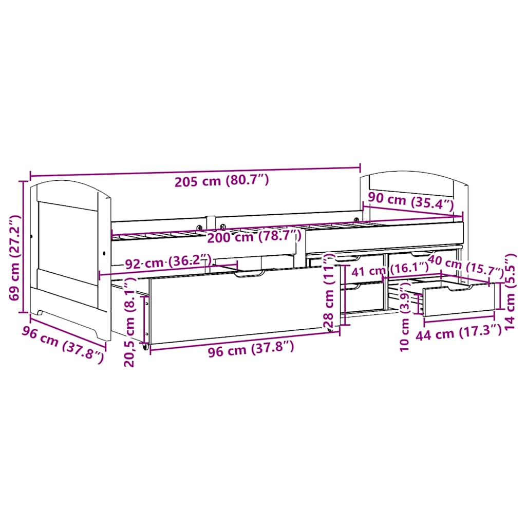Slaapbank met 5 lades zonder matras IRUN 90x200 cm zwart
