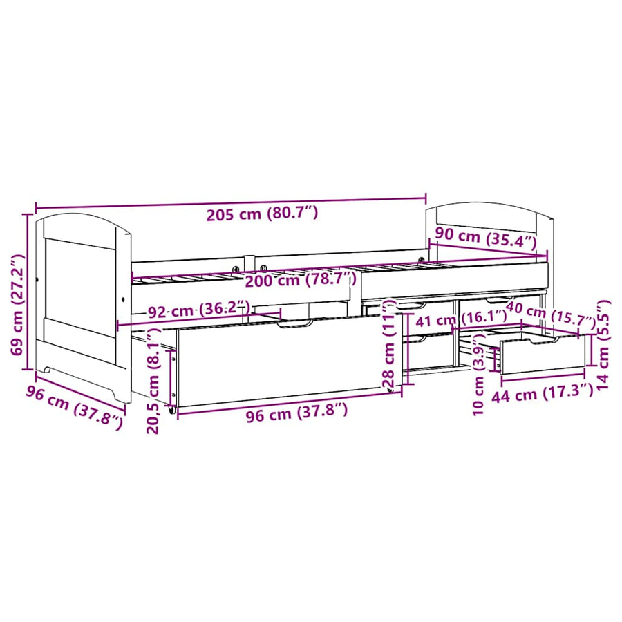 Slaapbank met 5 lades zonder matras IRUN 90x200 cm zwart