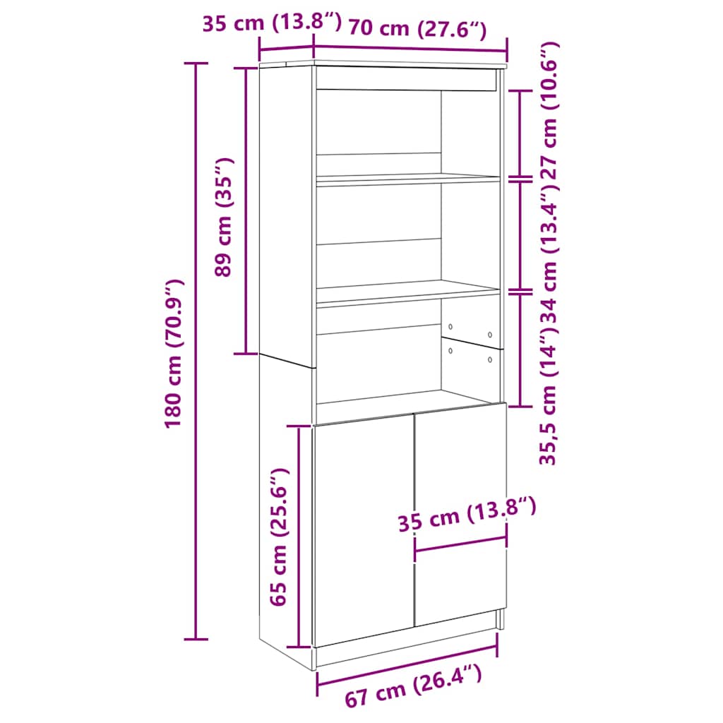 Hoge kast 70x35x180 cm bewerkt hout wit
