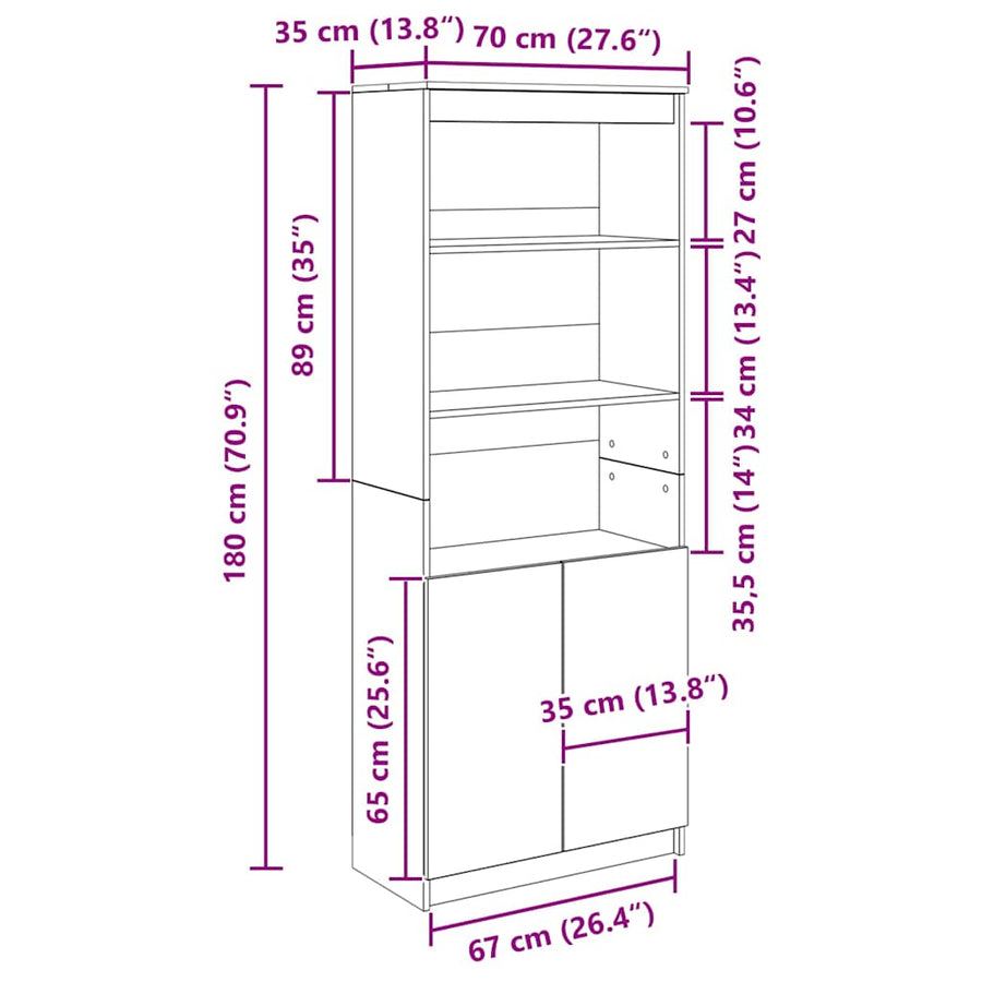 Hoge kast 70x35x180 cm bewerkt hout wit
