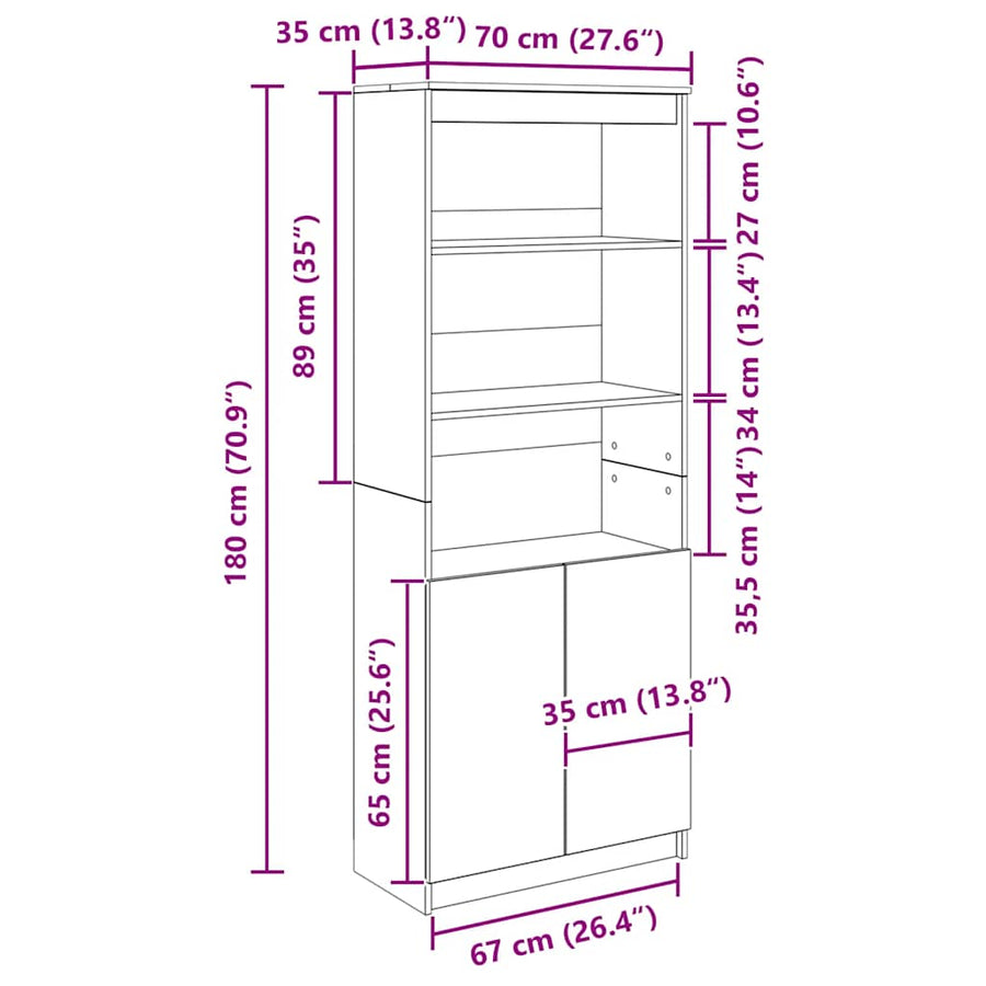 Highboard 70x35x180 cm spaanplaat ambachtelijk eikenkleurig