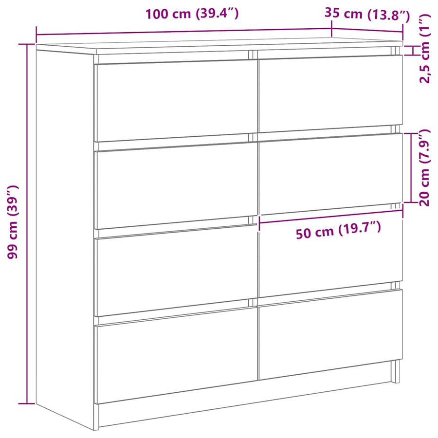Dressoir 100x35x99 cm bewerkt hout gerookt eikenkleurig