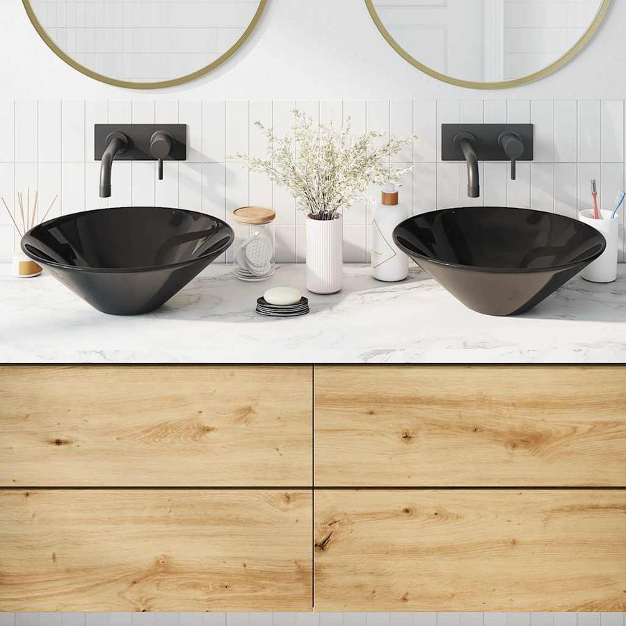 Wastafels 2 St Ø42X14 Cm Keramiek Glanzend Zwart