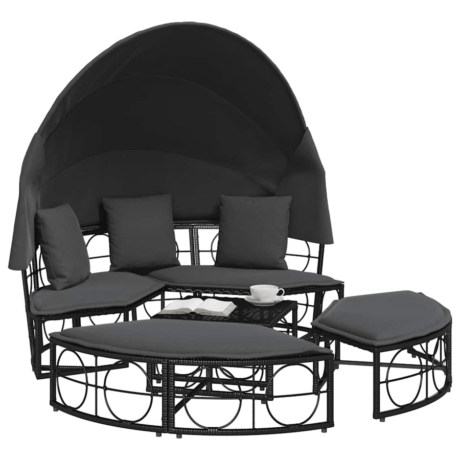 Loungebed met luifel en kussens poly rattan zwart