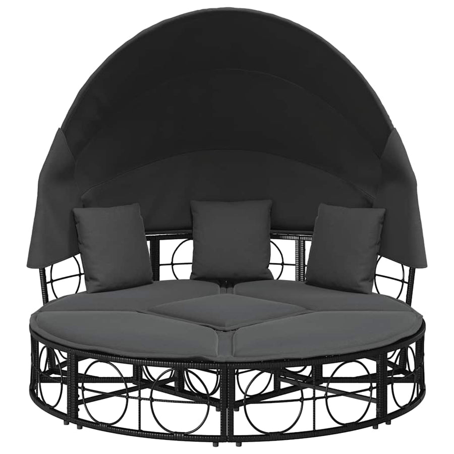 Loungebed met luifel en kussens poly rattan zwart