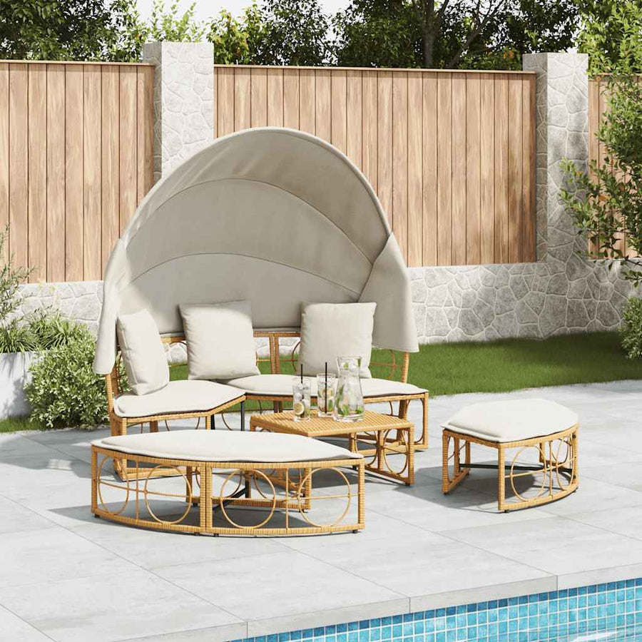 Loungebed voor buiten met luifel en kussens poly rattan