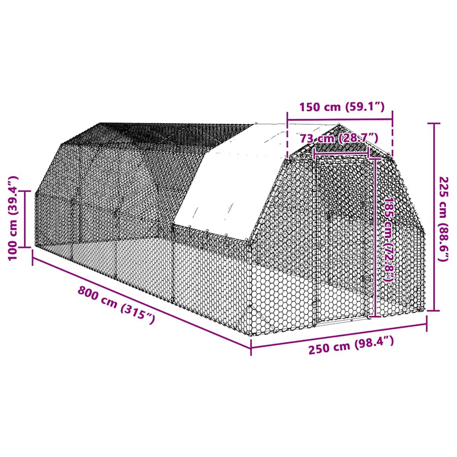 Kippenren met dak 2,5x8x2,25 m gegalvaniseerd staal