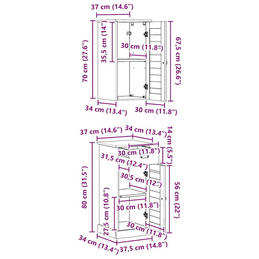 Badkamerkast VIGO 2 st Bruin en Honingbruin 37 x 34 x 80 cm