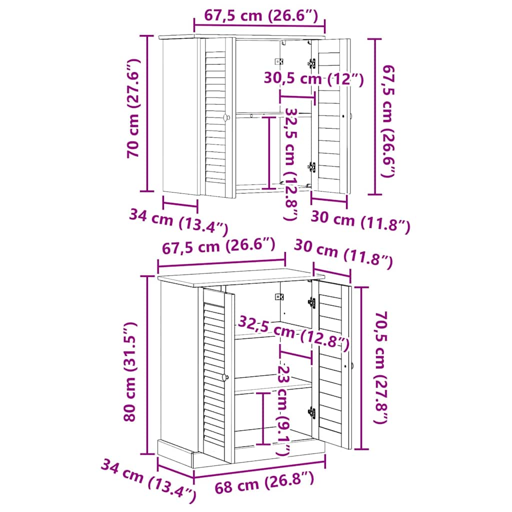 Badkamermeubelset met plank met opslag met de deur 2 pcs Bruin 67.5 x 34 x 80 cm
