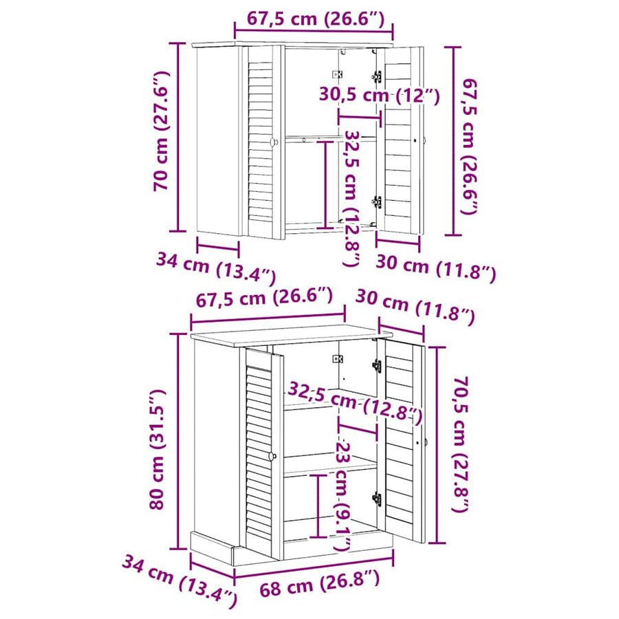 Badkamermeubelset met plank met opslag met de deur 2 pcs Bruin 67.5 x 34 x 80 cm
