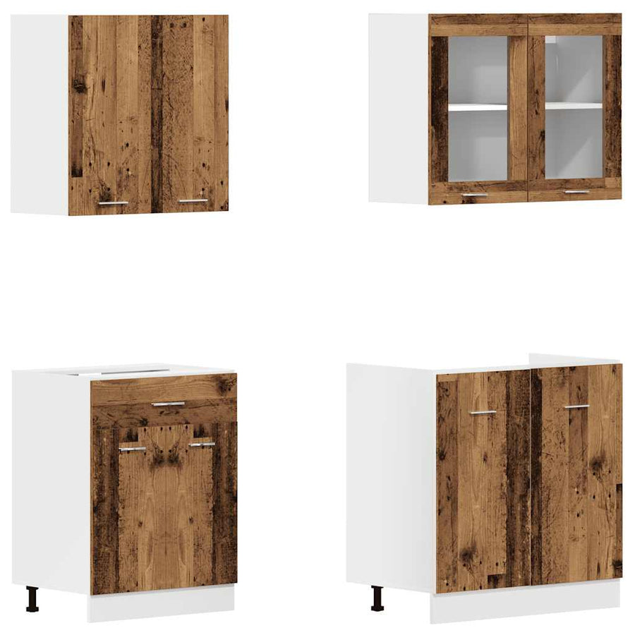 4-delige Keukenkastenset bewerkt hout oud houtkleurig