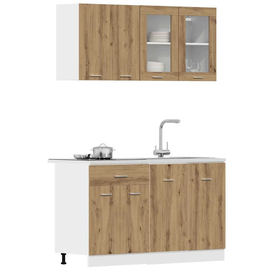 4-delige Keukenkastenset bewerkt hout artisanaal eikenkleurig