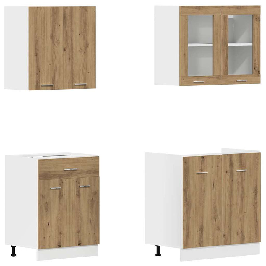 4-delige Keukenkastenset bewerkt hout artisanaal eikenkleurig