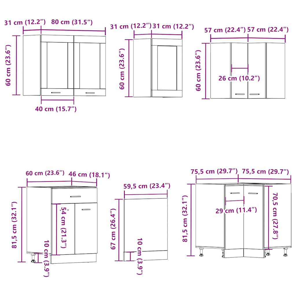 11-delige Keukenkastenset bewerkt hout oud houtkleurig